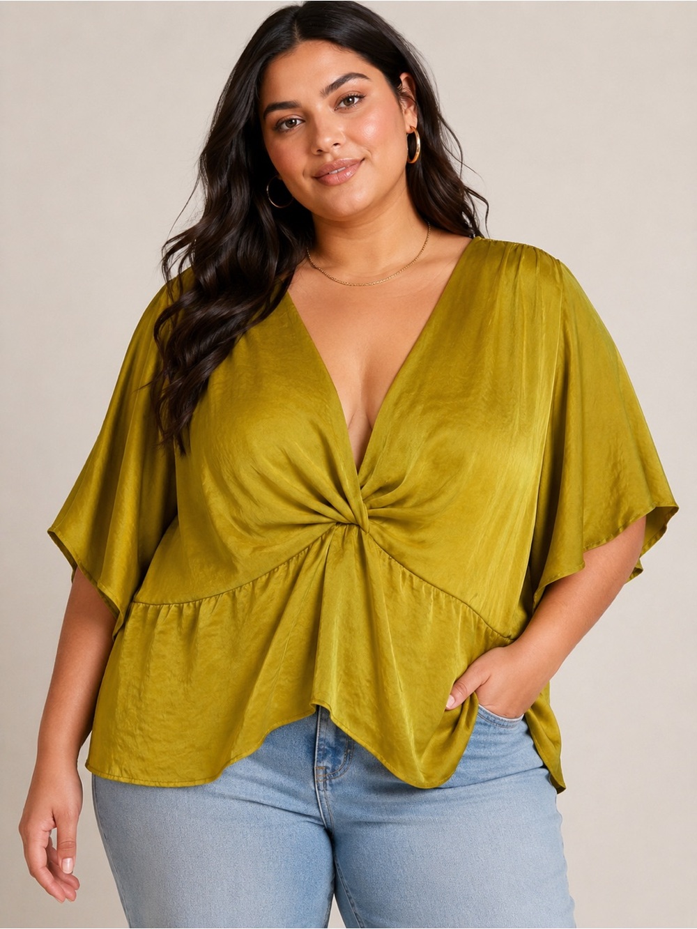 Mustard Satin Twist Front Blouse XXL | Kimono Sleeve Draped Top